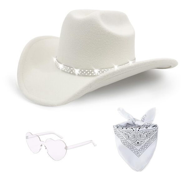 3553 3pcs Rhinestone Cowboy Hat For Women With Bandana, Heart Sunglasses Set, main image 6